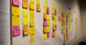 Post its de cores amarela, laranja e rosa colados na parede - Saiba como aplicar o modelo Canvas na sua clínica odontológica